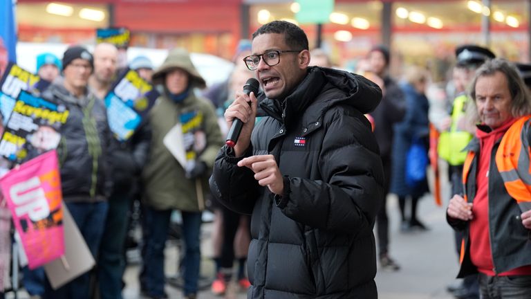 Daniel Kebede general secretary of the National Education Union speaks to members holding an 'A Christmas Carol' themed rally outside Rachel Reeves' office in Leeds, as sixth form college teachers in England continue strike action into January over a pay dispute. Picture date: Friday December 13, 2024.
