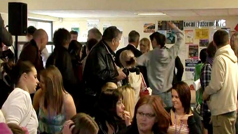 Tyler Dixon (in grey) throws an egg at David Cameron at Saltash College in Cornwall. Pic: PA