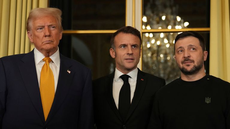 (L-R) Donald Trump, Emmanuel Macron and Volodymyr Zelenskyy met earlier in the day. Pic: AP