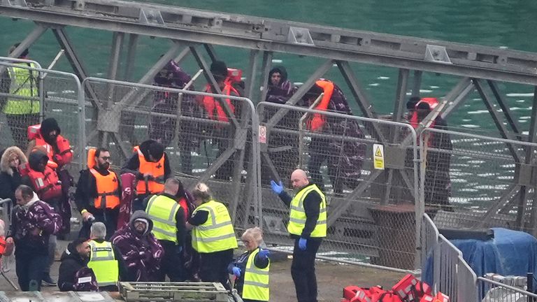 A group of people thought to be migrants are brought in to Dover, Kent, from a Border Force vessel following a small boat incident in the Channel.
Pic: PA