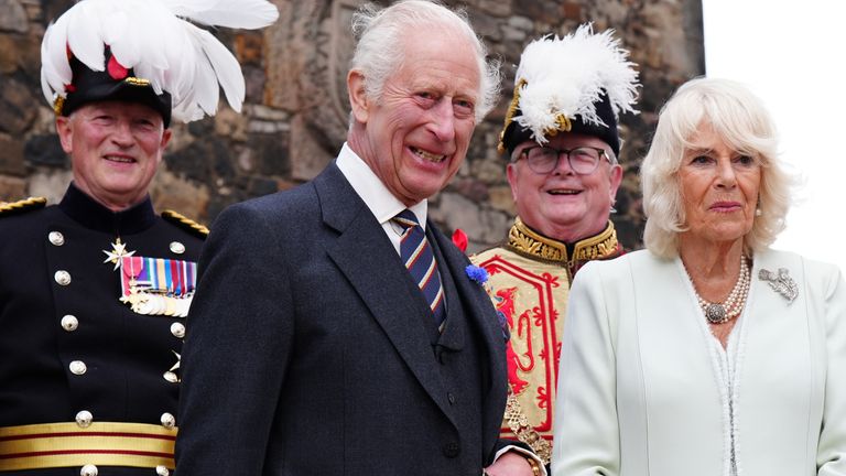 The Governor of Edinburgh Castle Major General Alastair Bruce (left) and Lord Lyon (2nd right) with King Charles III and Queen Camilla as they attend a celebration at Edinburgh Castle to mark the 900th Anniversary of the City of Edinburgh. Picture date: Wednesday July 3, 2024.

