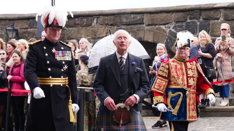 The Governor of Edinburgh Castle Major General Alastair Bruce (left) and Lord Lyon (right) with King Charles III (centre) as he attends a celebration at Edinburgh Castle to mark the 900th Anniversary of the City of Edinburgh. Picture date: Wednesday July 3, 2024. PA Photo. See PA story ROYAL Scotland. Photo credit should read: Jane Barlow/PA Wire