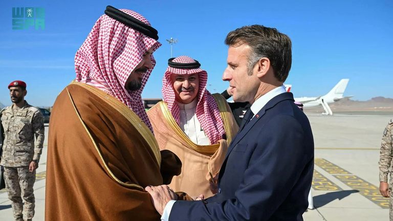 Emmanuel Macron, right, in Saudi Arabia on the day of the no confidence vote. Pic: Reuters