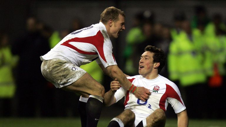 England's Tom Voyce (R) celebrates his try with Jamie Noon during the RBS 6 Nations match against Wales at Twickenham, London, Saturday February 4, 2006. PRESS ASSOCIATION photo. Photo credit should read: David Davies/PA.
