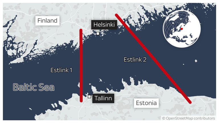 Map of Estlink 1 & 2 power connectors between Estonia and Finland