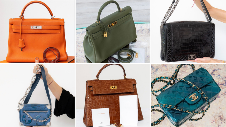 The stolen handbags include a 1957 Hermès Vintage Kelly Crocodile Bag (bottom centre) worth £11,000 and a Chanel patent mini rectangular bag (bottom right) worth £5,000. Photo: Eve's Pre-Loved