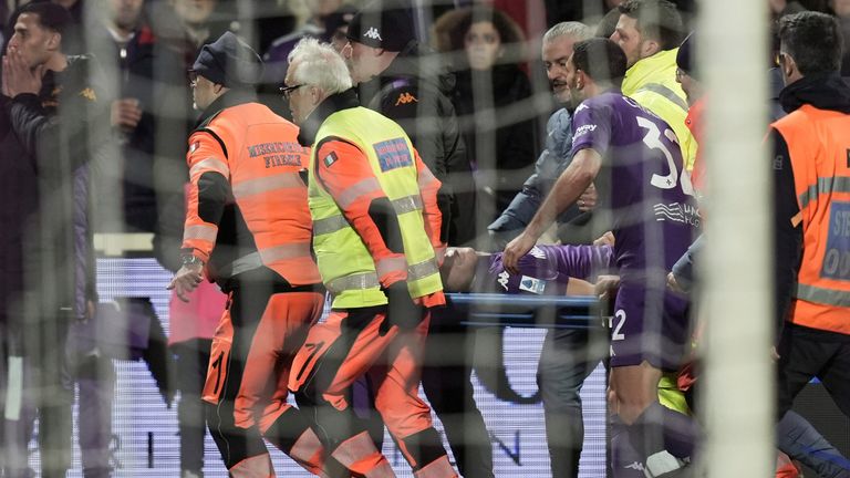 Fiorentina's Edoardo Bove was stretchered off. Pic: AP