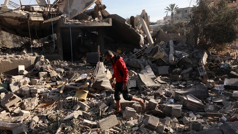 Aftermath of an Israeli strike on a house in Nuseirat, central Gaza Strip.
Pic: Reuters
