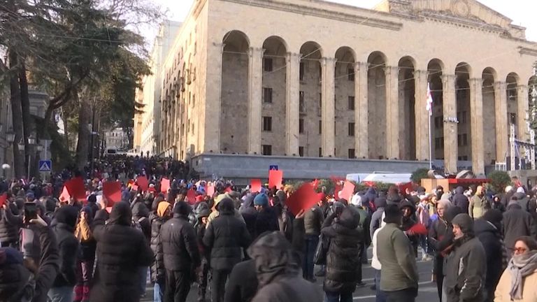 Protesters in Georgia mocked the appointment of former football player Mikheil Kavelashvili as the new president of Georgia by holding red cards and kicking footballs.