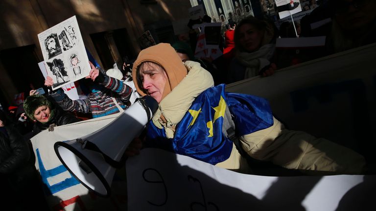 Protests in Tbilisi, Georgia on 14 December.
Pic: AP