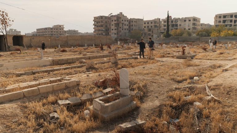 Screengrabs from Waghorn VT in which he visits the scene of a sarin gas attack in 2013 on the Damascus suburb of Ghouta in Syria. FTV PKG SYRIA ASSAD WAR CRIMES WAGHORN DAMASCUS 121224