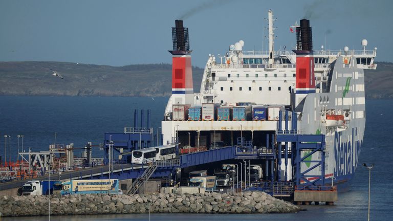 Lorries disembark from a Stena Line ferry recently arrived from Dublin at the Port of Holyhead in Holyhead.
Pic Reuters