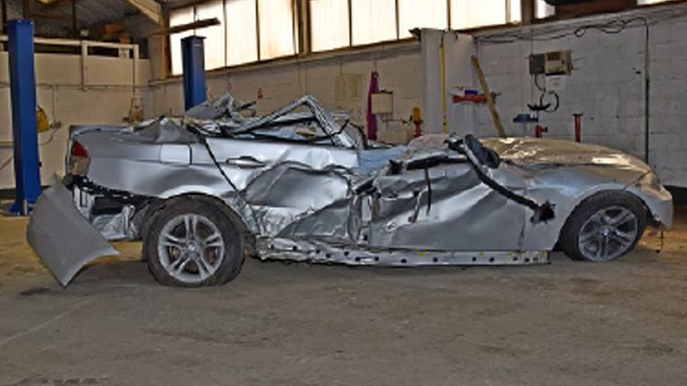 Damage to Thomas Johnson's car after the incident.
Pic: Thames Valley Police/PA