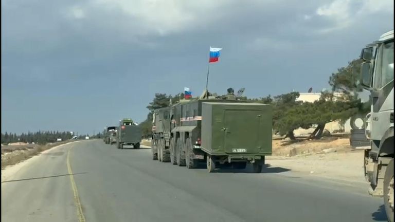 Footage shows clearly marked Russian military vehicles on the road near Homs.