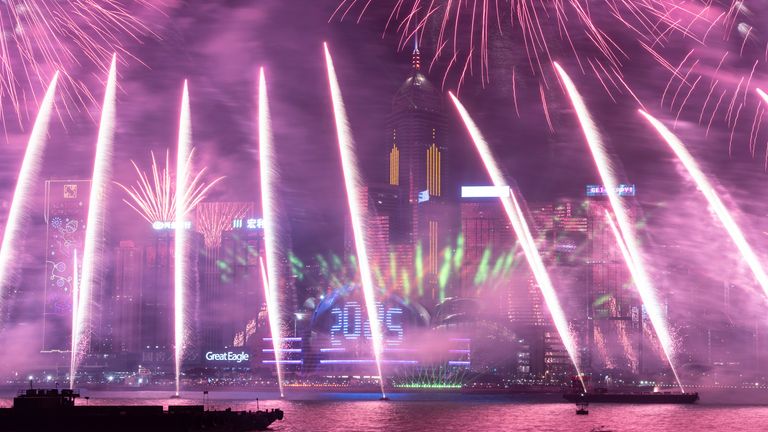 Fireworks explode over Victoria Harbour. Pic: AP