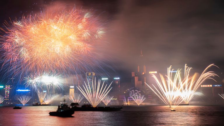 Fireworks explode over Victoria Harbour in Hong Kong. Pic: AP