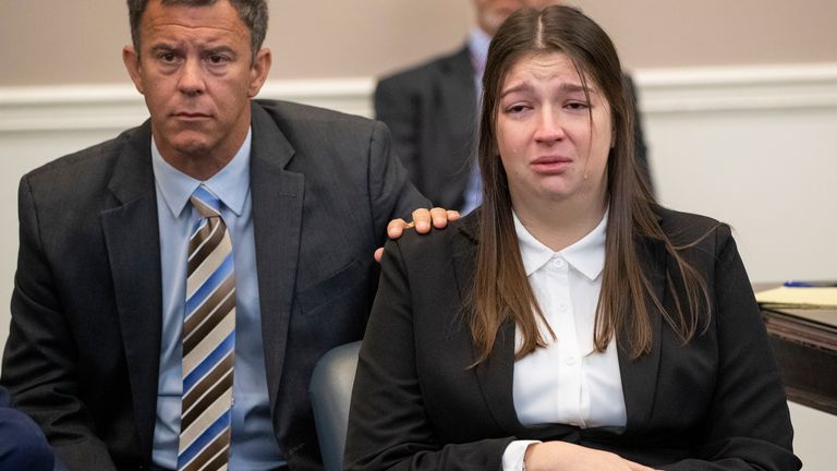 Tears autumn  down   the cheeks of Jamie Lee Komoroski arsenic  household  members of Samantha Miller talk  astir  Miller during the plea proceeding  for Komoroski astatine  Charleston County Court, Monday, Dec. 2, 2024, successful  Charleston, S.C. (Henry Taylor/The Post And Courier via AP)