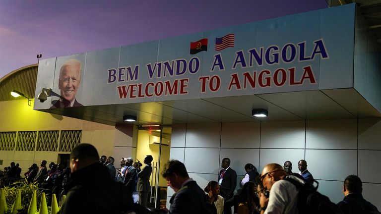 A welcome sign for Joe Biden at Angola's Luanda International Airport. Pic: Reuters