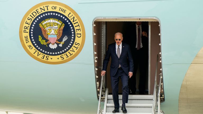 Joe Biden disembarks Air Force One as he arrives at Catumbela Airport in Catumbela, Angola.
Pic: Reuters