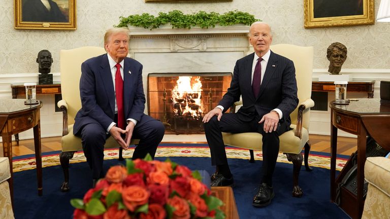 U.S. President Joe Biden meets with President-elect Donald Trump in the Oval Office at the White House in Washington, U.S., November 13, 2024. REUTERS/Kevin Lamarque