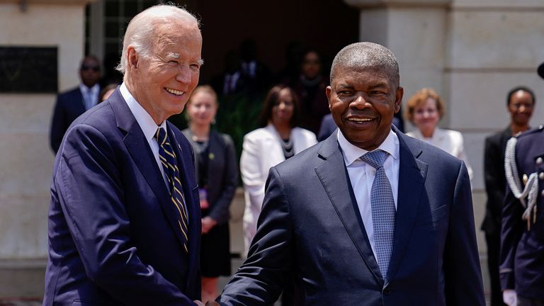 President Joe Biden shakes hands with Angolan President Joao Manuel Goncalves in Luanda. Pic: Reuters