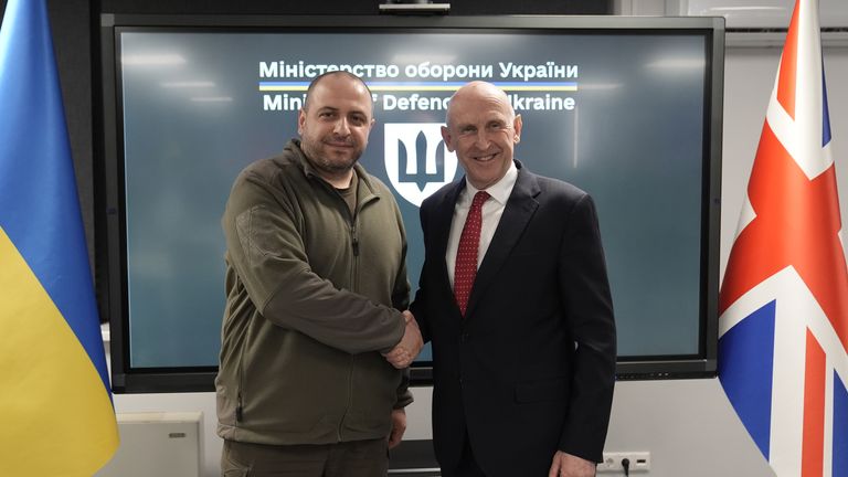 Defence Secretary John Healey is greeted by Ukrainian Defence Secretary Rustem Umerov, at the Ministry of Defence in Kyiv, during a visit to Ukraine. Picture date: Wednesday December 18, 2024.