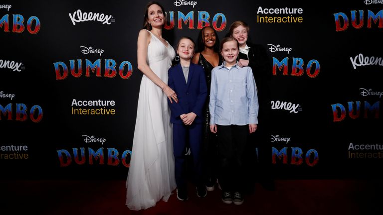 Angelina Jolie with her children Knox, Zahara, Vivienne and Shiloh in 2019. Pic: Reuters