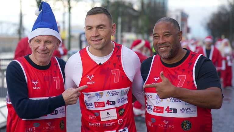 Kevin Sinfield with Peter Reid (left), John Barnes (right) before he starts his latest fundraising challenge, Running Home For Christmas, at the annual charity fundraising Liverpool Santa Dash event. Picture date: Sunday December 1, 2024. Peter Byrne/PA Wire
