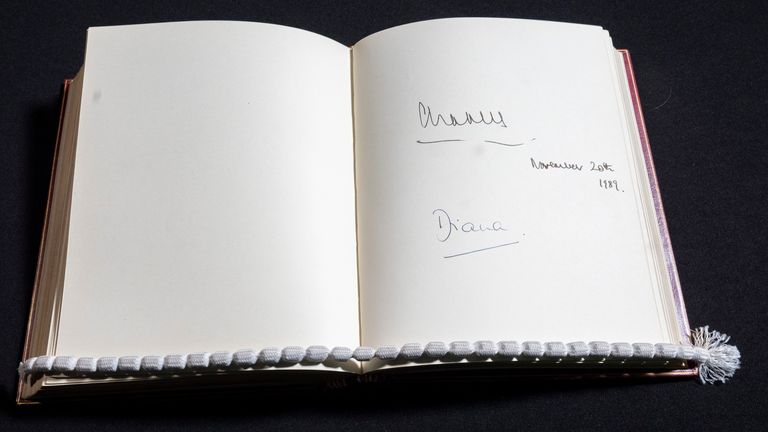 The signatures of then Prince of Wales now King Charles III and his then wife, Princess Diana, when the visited 10 Downing Street on 20/11/1989 are seen in one of three Downing Street Visitors Books at the National Archives. The three gilt-edged volumes, covering the years 1970, when Edward Heath was prime minister, to 2003 when Tony Blair was in office, have been released to the National Archives at Kew, west London. Picture date: Wednesday December 18, 2024.

