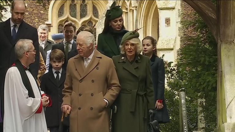 King Charles leads his family as they exit the church in Sandringham.