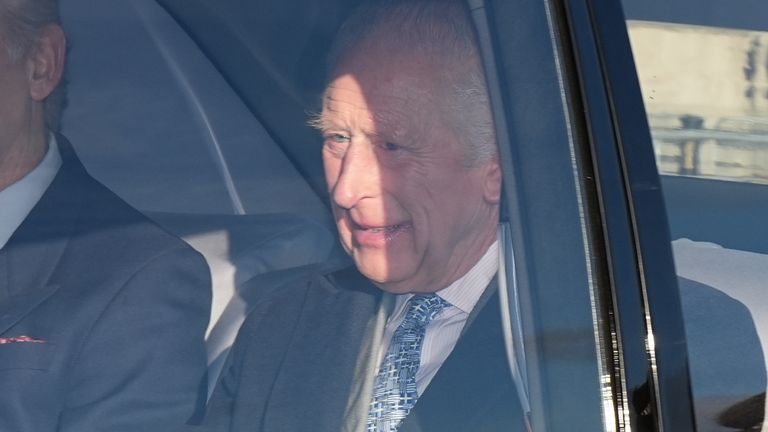 The King arrives for his Christmas lunch. Pic: PA