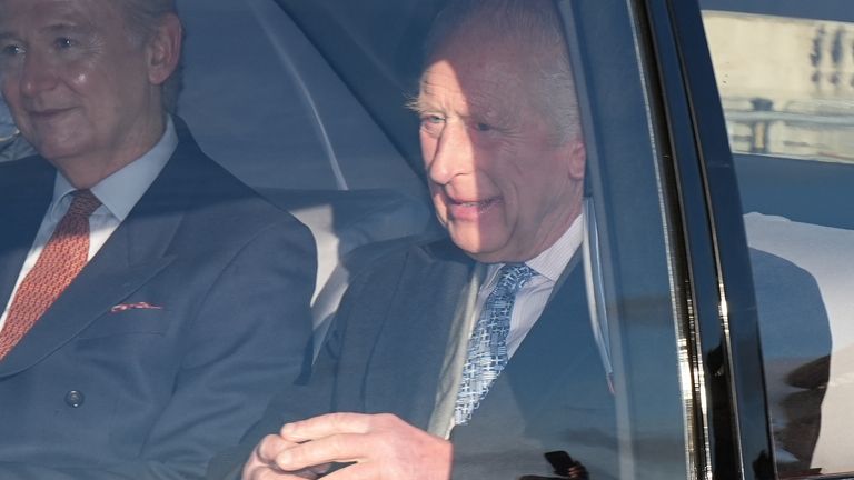 King Charles and his private secretary Sir Clive Alderton arrive at Buckingham Palace for the King's Christmas dinner. Image: PA