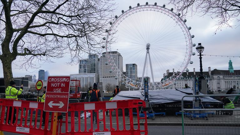 Preparations continue for the New Year's Eve fireworks display in central London. Pic: PA