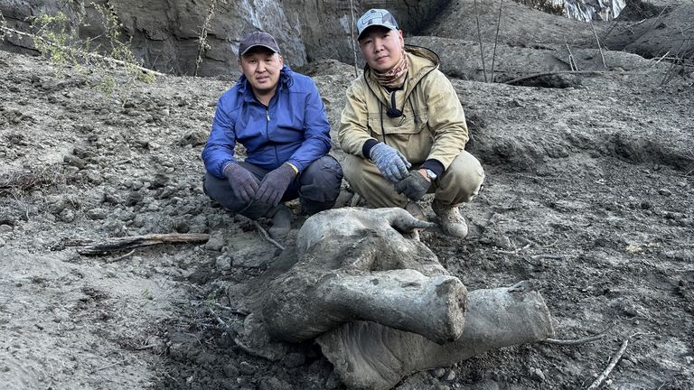  Researchers Gavril Novgorodov and Erel Struchkov pose for a picture next to the carcass of a baby mammoth, which is estimated to be over 50,000 years and was found in the Siberian permafrost in the Batagaika crater in the Verkhoyansky district of the Sakha Republic, also known as Yakutia, Russia, June 13, 2024. Courtesy Gavril Novgorodov via REUTERS NO RESALES. NO ARCHIVES. MANDATORY CREDIT./File Photo