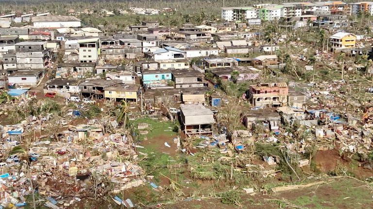 An aerial view shows damaged property in storm-hit Mayotte, 
Pic: UIISC7/Securite Civile/Reuters