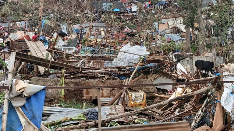 This undated photo provided by NGO Medecins du Monde  on Sunday, Dec. 15, 2024, shows a devastated hill on the French territory of Mayotte in the Indian Ocean, after Cyclone Chido caused extensive damage with reports of several fatalities. (Medecins du Monde via AP)