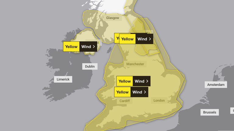 Yellow weather warnings in place on Sunday. Pic: Met Office