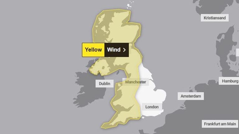 Met Office yellow warnings for wind on Sunday