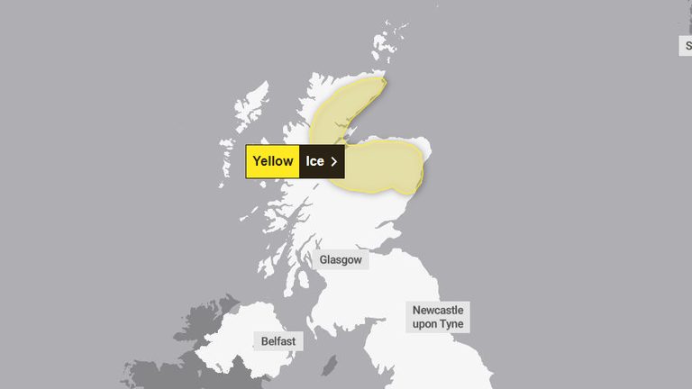 A yellow warning for ice, specifically covering an area of eastern Scotland, is in place from 9pm tonight until 10am on Monday morning. Pic: Met Office