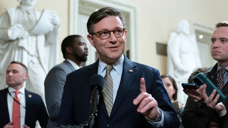 House Speaker Mike Johnson (R-Louisiana) speaks with reporters after passing a funding bill to avert a government shutdown at the Capitol in Washington, Friday, Dec. 20, 2024. (AP Photo/Jose Luis Magana) )