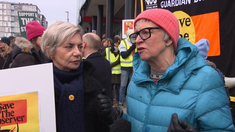 The Observer writers Miranda Sawyer, left, and Philipps Perry on the picket line