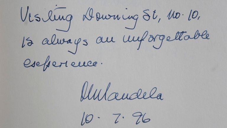 The signature of Nelson Mandela is seen in one of three Downing Street Visitors Books at the National Archives. The three gilt-edged volumes, covering the years 1970, when Edward Heath was prime minister, to 2003 when Tony Blair was in office, have been released to the National Archives at Kew, west London. Picture date: Wednesday December 18, 2024.

