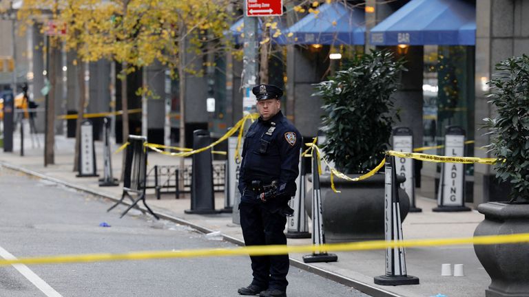 A police officer stands near the scene where the CEO of United Healthcare Brian Thompson was reportedly shot and killed in Midtown Manhattan, in New York.
Pic Reuters