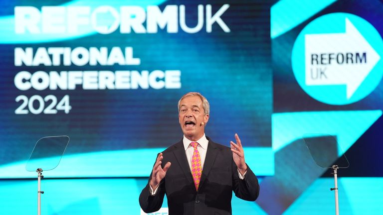 Reform UK leader Nigel Farage speaking during the party's annual conference at the National Exhibition Centre in Birmingham. Picture date: Friday September 20, 2024.