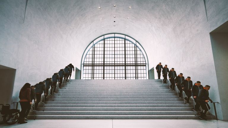 Wolfgang Jager gets out of his wheelchair and climbs up and down the stairs after deep brain stimulation. Pic: NeuroRestore / EPFL 2024