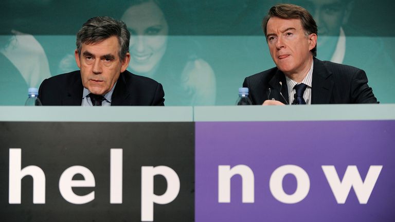 Britain's Prime Minister Gordon Brown (L) and Business Secretary Peter Mandelson listen to questions at an Employment Summit in central London January 12, 2009. Brown pledged on Monday to spend 500 million pounds ($754 million) to stem rising unemployment caused by the financial crisis. With the jobless total already at a decade-high and set to climb further as companies hit by the credit crunch lay off thousands of workers, Brown said he was determined to not to let unemployment spiral out of 