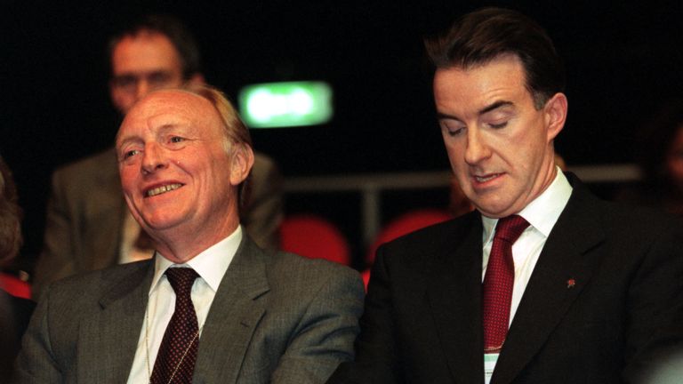 Former Labour leader Neil Kinnock (L) and Minister Without Portfolio Peter Mandelson listen to speeches on the first day of the Labour Party Conference September 29. Mandelson was unsuccessful in his attempt to secure a place on Labour's National Executive Committee with 68,023 votes it was announced today. BRITAIN LABOUR