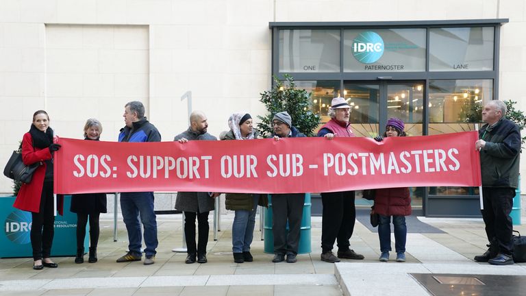 Protestors outside the Post Office Horizon IT inquiry. Pic: PA