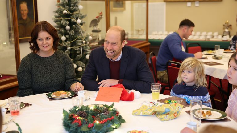 The Prince of Wales, Colonel-in-Chief, 1st Battalion Mercian Regiment, joins a Christmas event for families of the Regiment at Picton Barracks in Bulford, Wiltshire.
Pic: PA