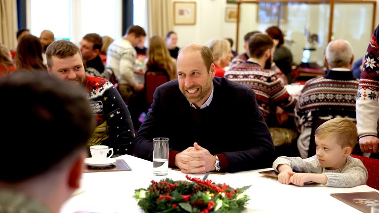 The Prince of Wales, Colonel-in-Chief, 1st Battalion Mercian Regiment, joins a Christmas event for families of the Regiment at Picton Barracks in Bulford, Wiltshire.
Pic: PA